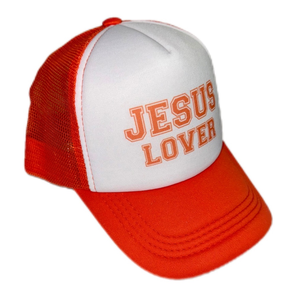 Orange/white Jesus lover trucker hat